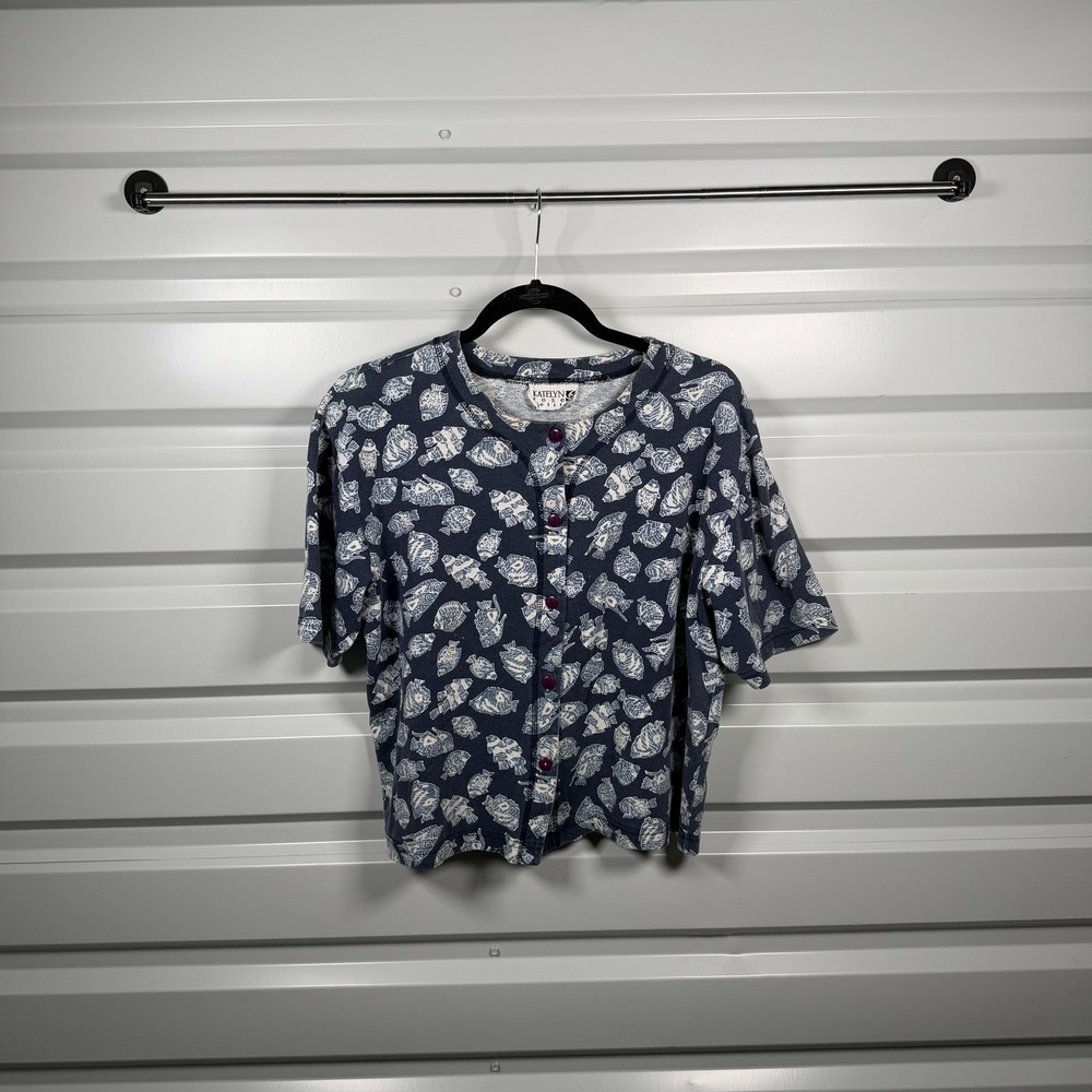 Katelyn Rose Petit Women's Navy Blue Fish Print‎ Button Front Cardigan Sweater